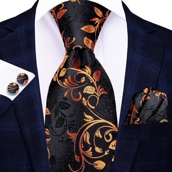 Silk Paisley Necktie and Pocket Square Cufflinks Set Orange Black - Picture 1 of 6